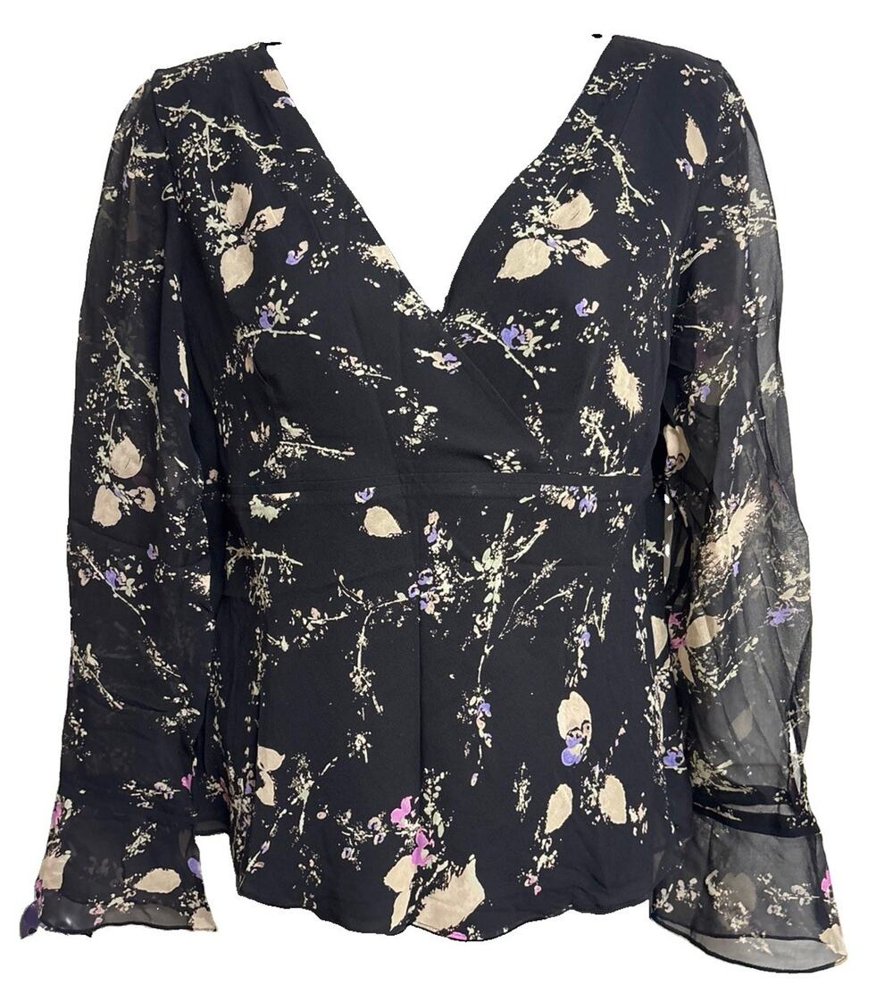 Ann Taylor Top Blouse Size Small Silk Long Sleeve Sheer Floral V-Neck Surplice